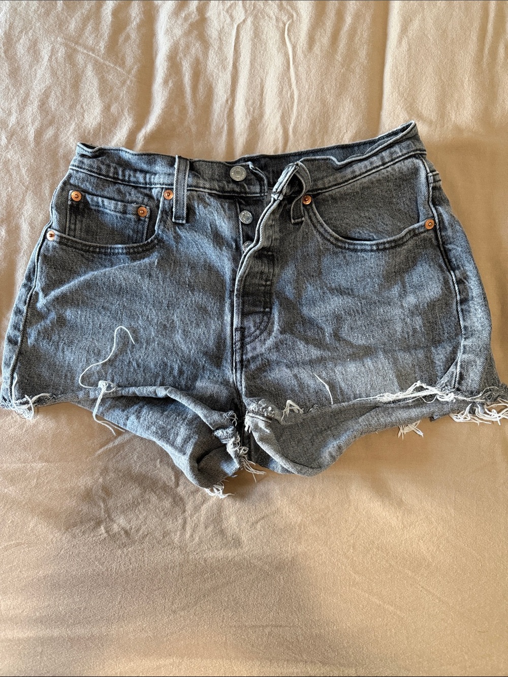 Levi's Washed Black High-Rise Distressed Denim Shorts